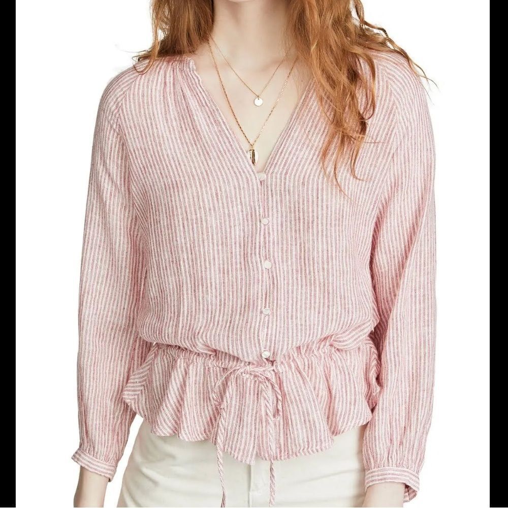 Rails Marti Linen Blend Button Front Blouse In Scarlet Stripe Size M